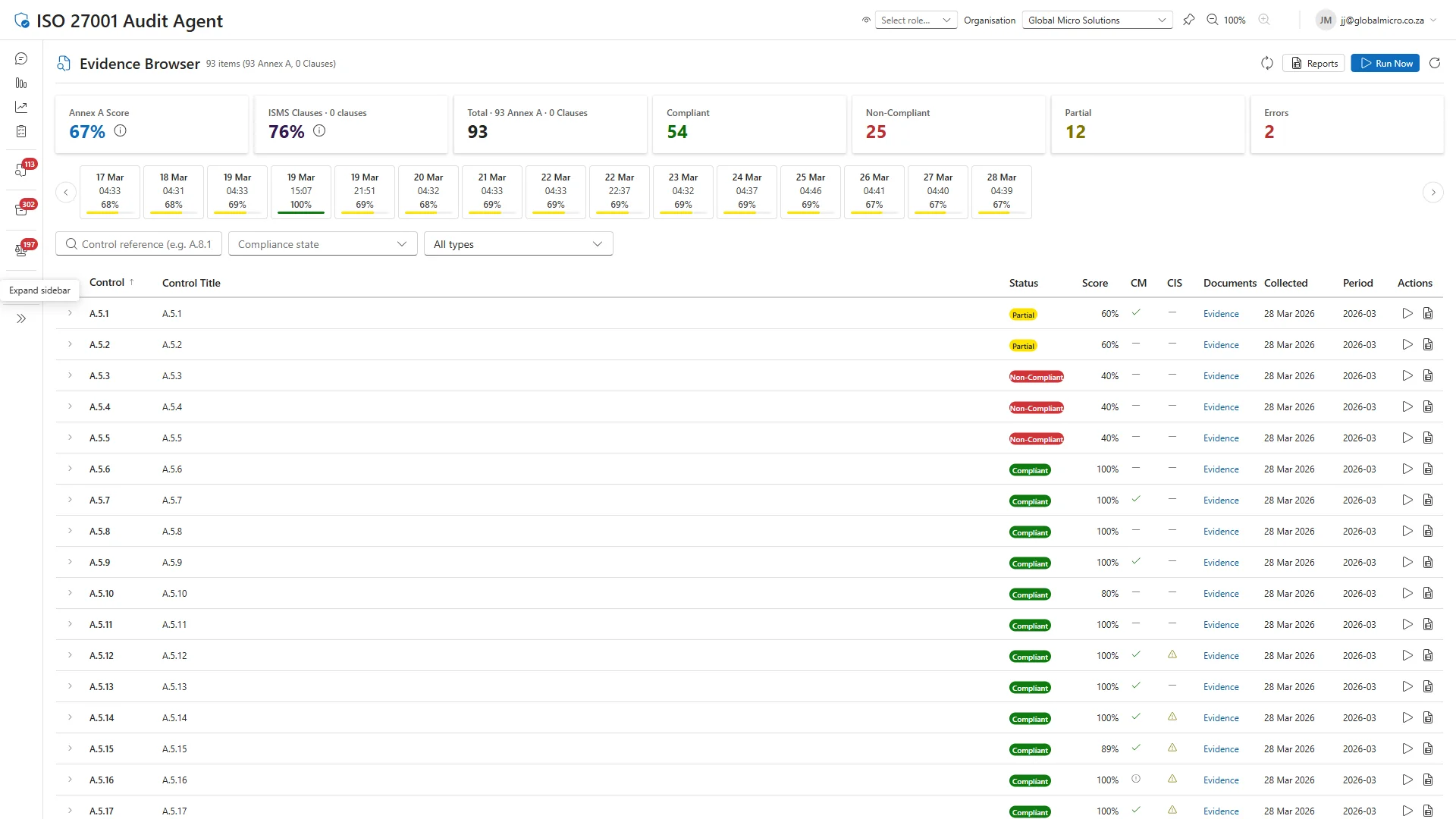 Evidence browser showing email security configuration and compliance proof