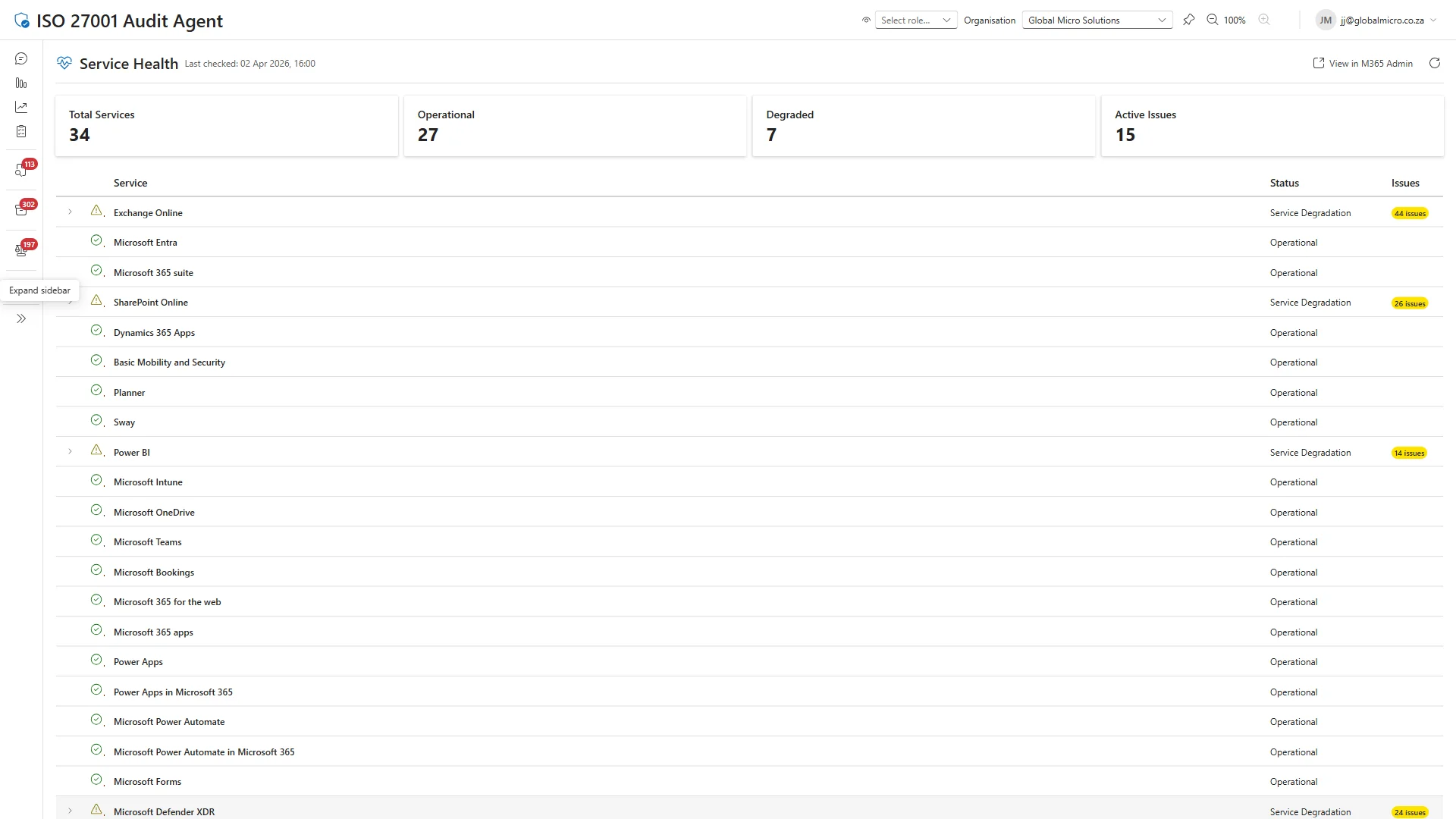 Service health dashboard showing endpoint compliance and device status