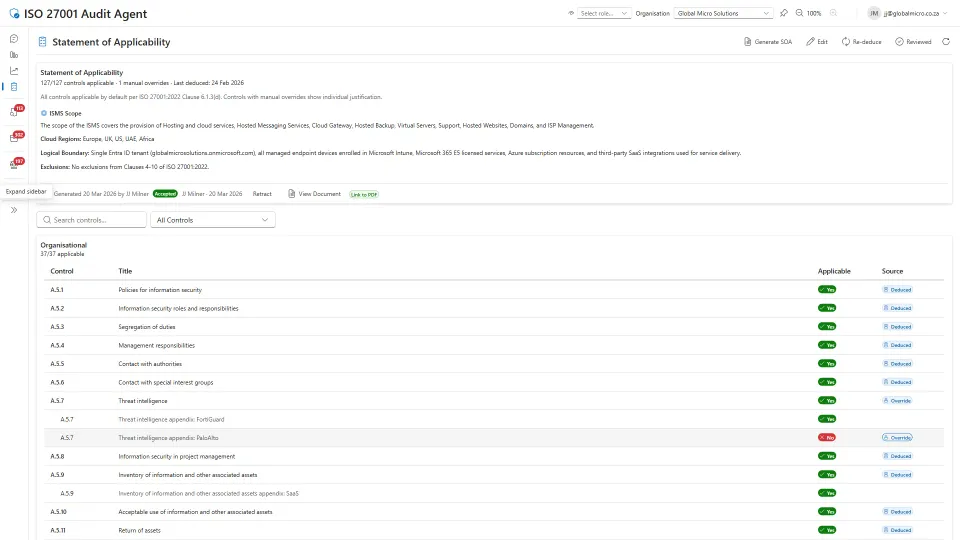 Statement of Applicability — auto-deduced from live evidence, clause-by-clause mapping with applicable/source status
