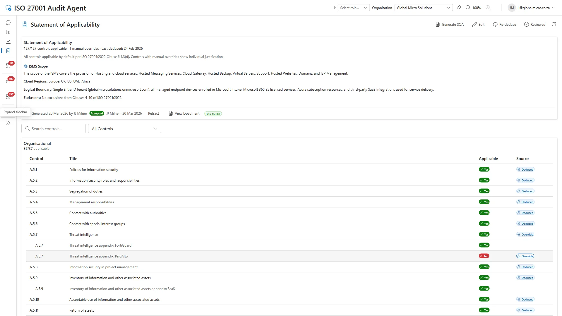 Statement of Applicability — auto-deduced from live evidence, clause-by-clause mapping with applicable/source status